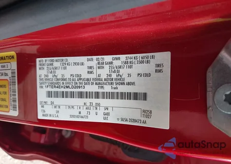 2021 Ford Ranger Xlt из США, поврежденный, VIN 1FTER4EH2MLD20913